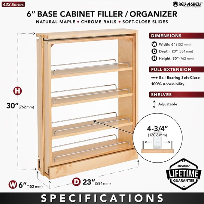 Rev-A-Shelf 6" Pull Out Shelf Organizer for Base Kitchen Cabinets, Filler Spice Rack Seasoning Storage Holder w/Soft-Close, Wood, 432-BFBBSC-6C