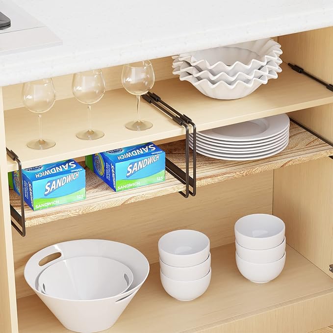 SpaceAid Cabinet Shelf Organizers 2 Pack, Kitchen Counter Organizer Rack Under Shelves Riser, Pantry Cupboard Storage Organization, Metal and Wood, Black and Natural, 16" Wide