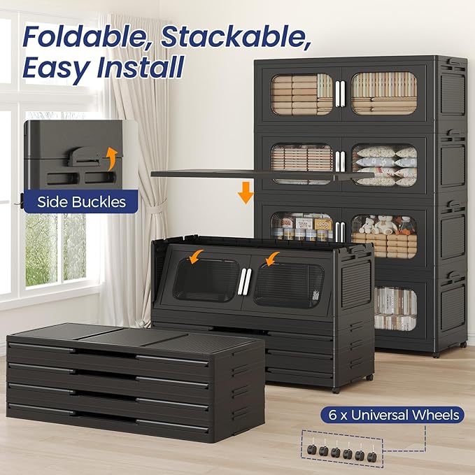 150GAL Extra Large Storage Bins with Lid, 600QT Storage Bins with Wheels, Folding Closet Organizer, Stackable Collapsible Plastic Storage Containers for Home, Office, Kitchen, 3Pack Black