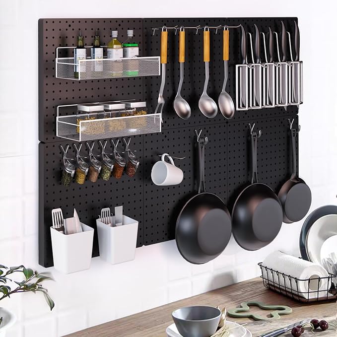 FZK Pegboard 32"*32",Black Pegboard 4pcs and 46 Peg Board Hooks with Strong Ribs Back Holds up for 200Ib,Peg Board Organizer for Walls for Garage Workshop Office