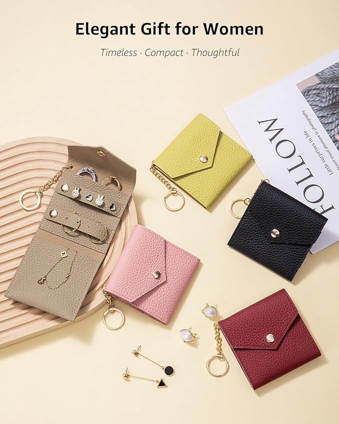 Small Travel Jewelry Organizer Case for Women, Genuine Leather Mini Jewelry Roll with Keychain, Portable Earring Ring Necklace Storage Pouch for Short Trips & Daily Use