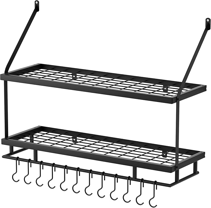 KES 30-Inch Kitchen Pot Rack - Mounted Hanging Rack for Kitchen Storage and Organization - Matte Black 2-Tier Wall Shelf with Guard Rail for Pots and Pans Organizer with 12 Hooks - KUR215S75B-BK