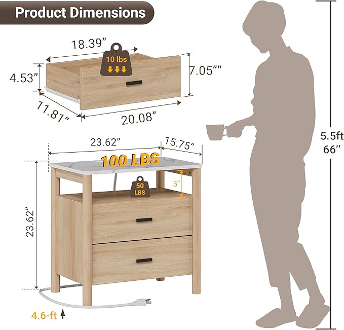 Night Stand Set of 2 with Charging Station, 24" Large Modern Nightstand with Faux Marble Top, 2 Drawers End Table with Solid Round Post Legs&Open Shelf, for Bedroom, Natural Oak