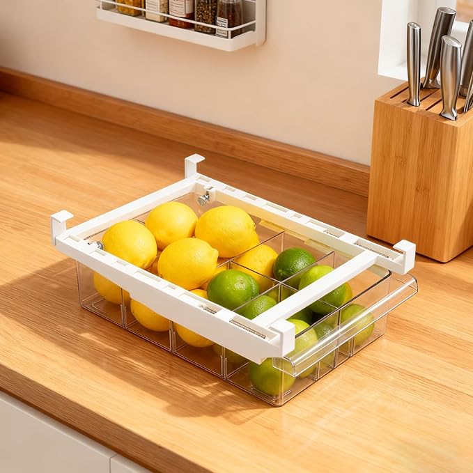 Fridge Drawer Organizer, Pull Out Shelf Storage Transparent Organizer for Refrigerator, Drawer Organizer for Egg, Fruit, Vegetable, Seafood, Meat, Cheese, Produce (White B)