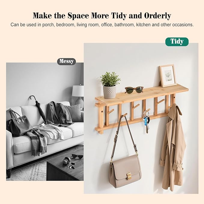 Coat Rack Wall-Mounted with Shelf Coat Hooks Wall Mount with Shelf Entryway Hanging Shelves with 6 Rotating Hooks for Hallway/Living Room/Bedroom/Kitchen (Bamboo)