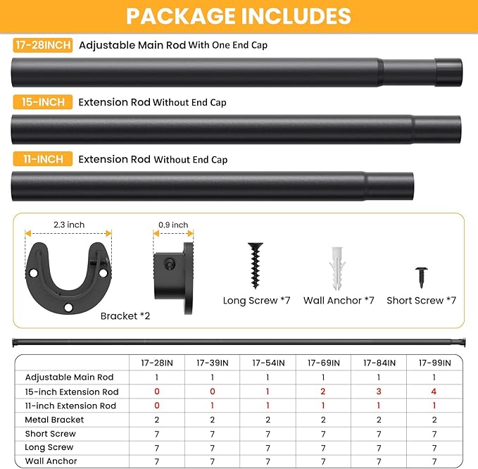 Closet Rods for Hanging Clothes, 17-54 Inch No-Cut Stepless Adjustable Closet Rod, 1.3 Inch Heavy Duty Metal Closet Hanging Rod with Brackets, Black Closet Bar for Closet, Laundry Room, RV, Wardrobes