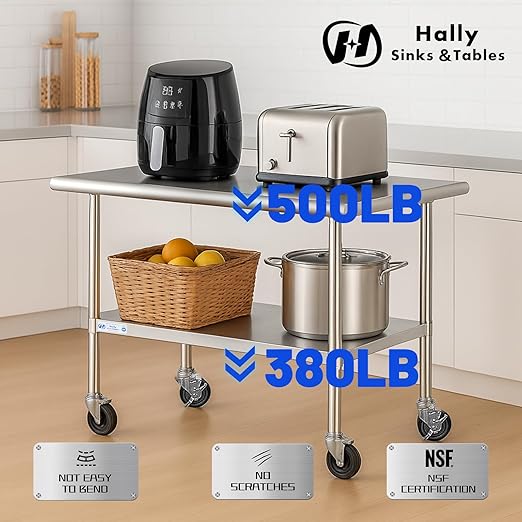 Hally Stainless Steel Table for Prep & Work 24 x 72 Inches with Caster Wheels, NSF Commercial Heavy Duty Table with Undershelf and Galvanized Legs for Restaurant, Home and Hotel