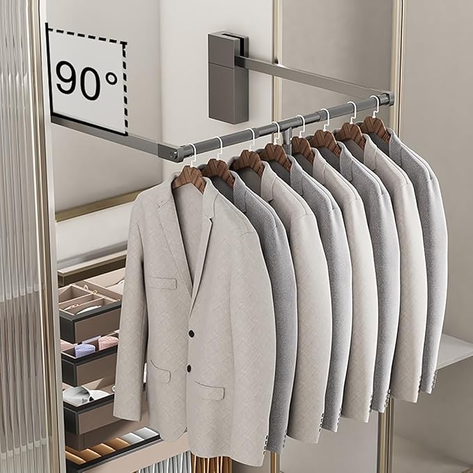 Pull Down Closet Rod for Hanging Clothes, Retractable Wardrobe Hanger for Cabinet Inside Width 21.6"~26", Aluminium alloy Tubing with Plastic Housing, 44 lb Weight Rating