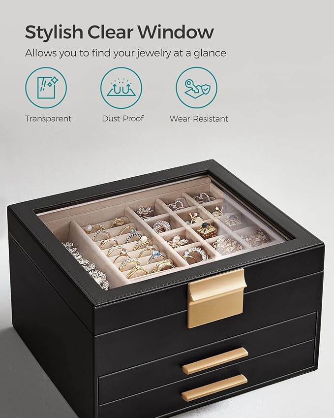SONGMICS Jewelry Box Organizer with Glass Lid, 3-Layer Jewelry Storage, with 2 Drawers, Modern Style, Christmas Gift, 8 x 9.1 x 5.3 Inches, Graphite Black and Gold Color UJBC239B03
