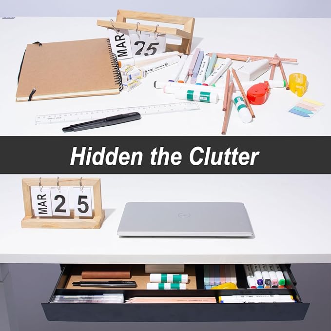 Large Under Desk Mounted Sliding Drawer with Pencil Tray and 60 Degree Tilt Panel to Pull Out, 22'' Long & 13'' deep Large Storage Organizer for Sit Stand Workstation