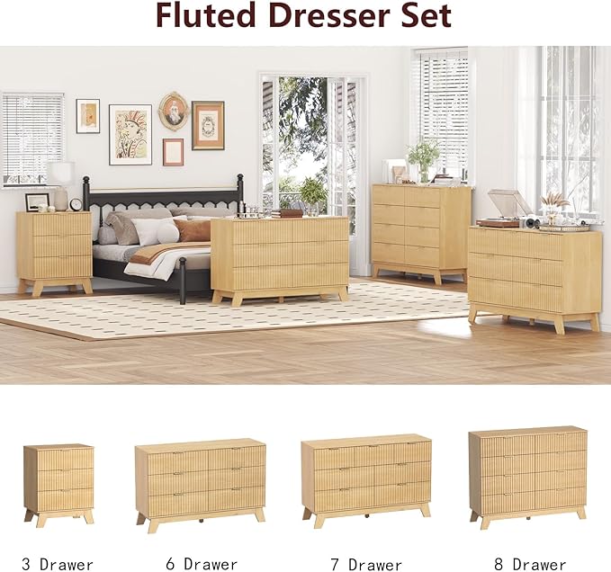 Fluted Dresser for Bedroom,7 Drawer Dresser for Closet,Storage Cabinet and Chest of Drawers with Gold Handle,TV Stand,Storage Organizer for Living Room,Hallway,Entryway,White