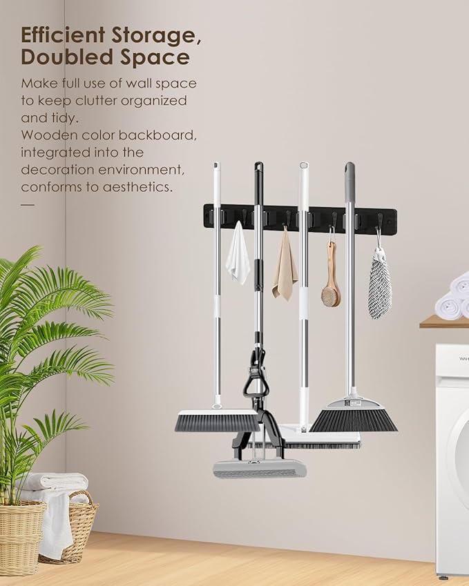 AceMining Broom Holder Wall Mounted, Black 4 Holders and 4 Hooks Mop Holder, Wooden Mop and Broom Holder with Anti slip rubber, Natural pine wood Brush Holder, Mop Wall Holde with Nail installation