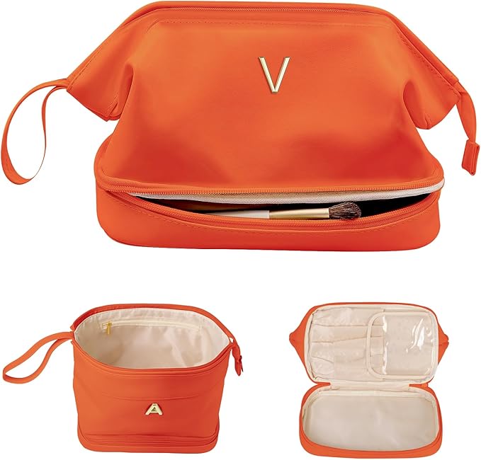 Bridesmaid Gifts for Women, Initial Makeup Bag, Personalized Double Layer Cosmetic Bag with Makeup Brush Organizer, Large Capacity PU Leather Travel Toiletry Bag, Personalized Teacher Gifts