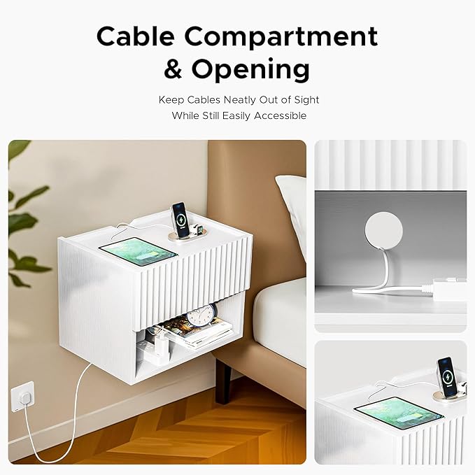 Floating Nightstand Bedroom Bedside Table - Wood Night Stand Set 2 for Small Spaces, Wall Mounted Cabinet with Storage Drawer, White Modern Night Stand for Dorm Hallway Entryway