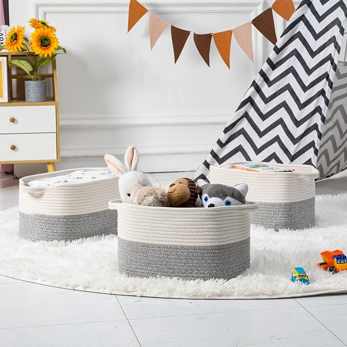 DUHEL Cotton Rope Woven Storage Basket, Used for Baby Hamper Toy Organizer, Gift Baskets Empty,Kids Laundry Basket,Baby Blanket Basket. Size 15x10x8.7 Inches. (White&Grey-3PCS)
