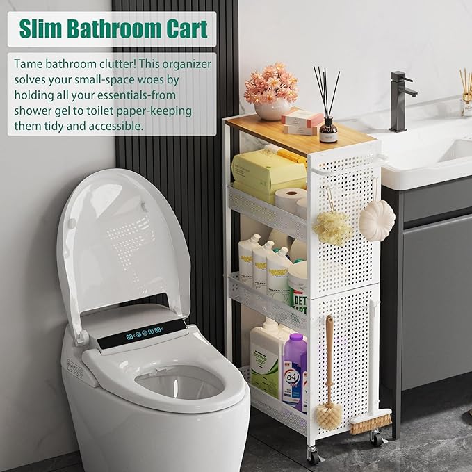 4-Tier Slim Storage Cart with Wheels,Small Mobile Organizer Shelf with Wooden Top & Metal Handle for Kitchen, Laundry Room, Bathroom, Office (White, 9.1 inch)