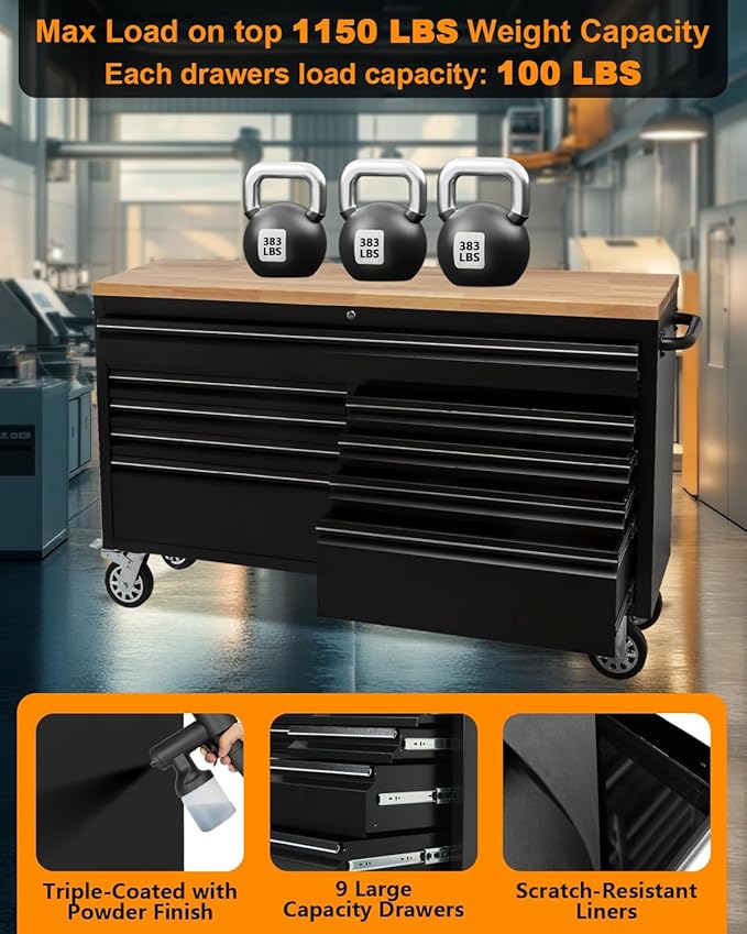 61 Inch Tool Chest, Tool Box Mobile Workbench, 9 Drawers Storage Lockable Rolling Metal Storage Cabinet with 4 Wheels for Garage Workshops Warehouse, Black