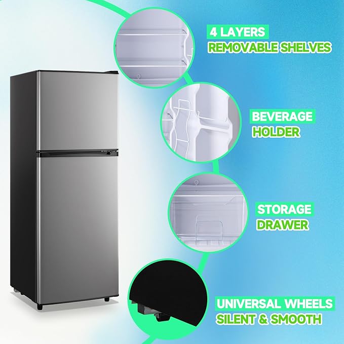 5.0 Cu.ft Mini Refrigerator with Freezer Small Fridge Drink Holder Double Door Refrigerator Adjustable Glass Shelves for Home,Apartment,Office Silver