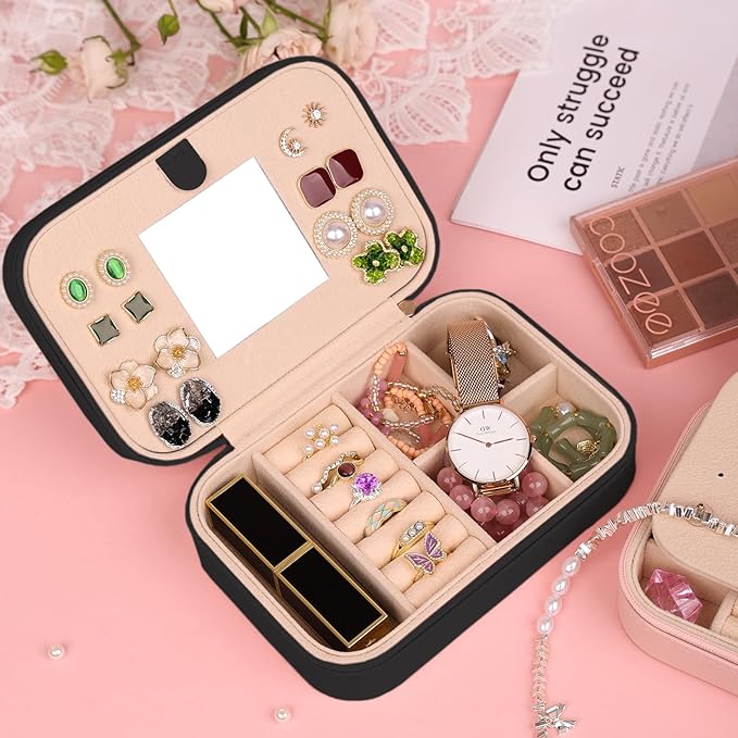 TopPerfekt Travel Jewelry Case, Jewelry Box with Mirror, Jewelry Organizer Bridal Shower Gifts to Her, Earring Storage Travel Case, Trendy Gift for Women and Girls, Girlfriend-pure Black