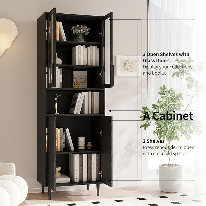 TUSY 70.9“ H Bookcase with Doors, 6-Tier Bookshelf with Open Shelf, Display Curio Cabinet with Glass Door, Narrow Display Bookcase for Home, Office, Clinic, Pantry (Black)