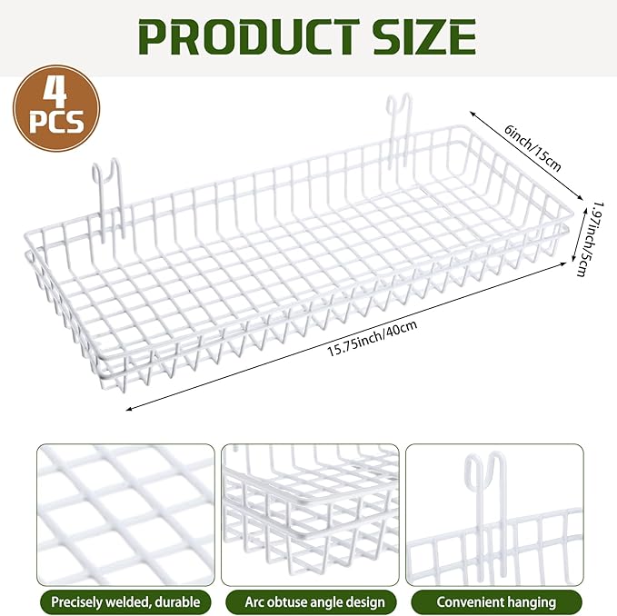 Blulu 4 Pcs 15.75 x 5.91 x 1.97 Inch Metal Grid Wall Baskets with Hooks Grid Wall Shelves Hanging Wire Basket Multi Function Storage Organizer for Kitchen Organizing Display (White)