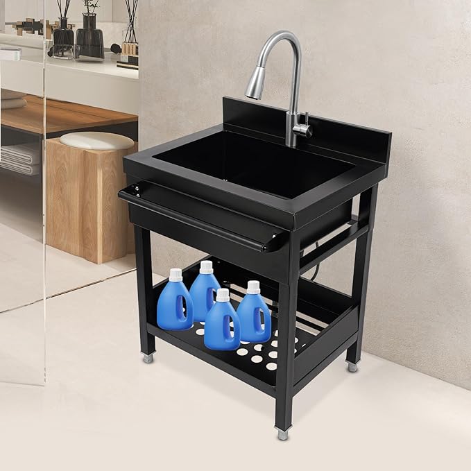 Stainless Steel Utility Sink, Free Standing Single Bowl Kitchen Sink with Pull-Out Cold/Hot Faucet, Storage Shelf & Splashback, Large Utility Sinks for Laundry, Garage 25.8 * 20.3 * 33.8in