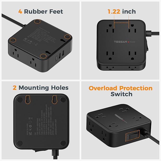 TESSAN Surge Protector Power Strip Black, 5 Ft Flat Plug Extension Cord with 3 USB (1 USB C) 8 Outlets, 900J Surge Protection, 3 Sided Outlet Extender with Power Switch for Office, Dorm Room