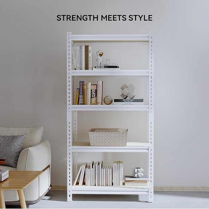 36"W "Father&I" 5-Shelf Industrial Metal Steel Garage/Tote Storage Shelves Heavy-Duty Adjustable Rack: Tall Shelving Units Organizer for Closet/Basement/Pantry/Shop/School 72"H*36W*16"D, White