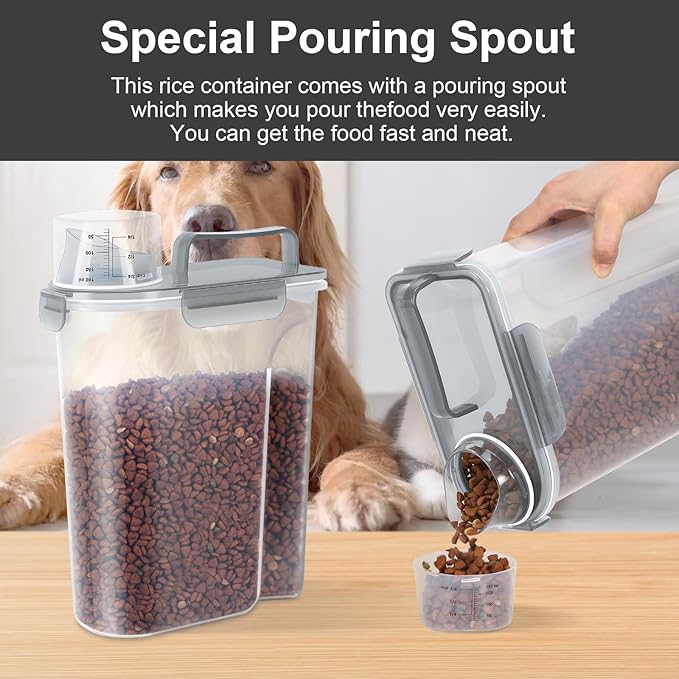 5-7Lbs Cat Dog Storage Container, Portable Pet Food Containers with Upgraded Large Spout and Cup, Small Animal Kibble Dispenser for Bird Seed, Oatmeal, Rice, Flour (1, Clear Gray, 5L)