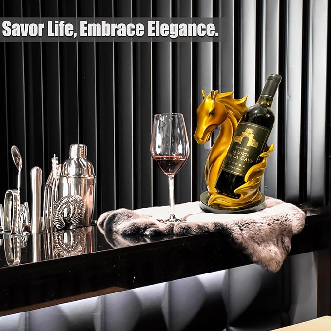 Wine Bottle Holder Wine Racks Tabletop Horse Statue as Home Kitchen Wine Cellar Decorative Storage Organizer, Horse Sculpture Horse Decor Horse Gifts for Girls Men Women (Gold)