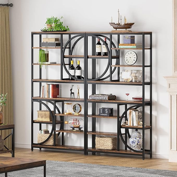 Tribesigns Bookshelf, Industrial 8-Tier Etagere Bookcases, 77-Inch Tall Book Shelf Open Display Shelves, Wood Look Accent Shelving Unit with Metal Frame for Home Office (2, Brown/Black)