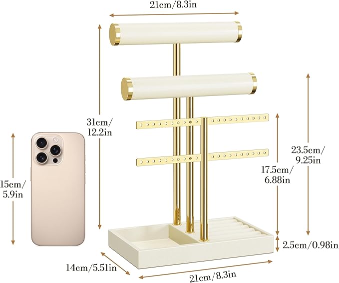 3 Tier Bracelet Holder Display - Beige Leather Bracelet Holder, Detachable T Bar Jewelry Holder Organizer for Bracelet, Necklace, Earrings, Rings, Watches, Bangle