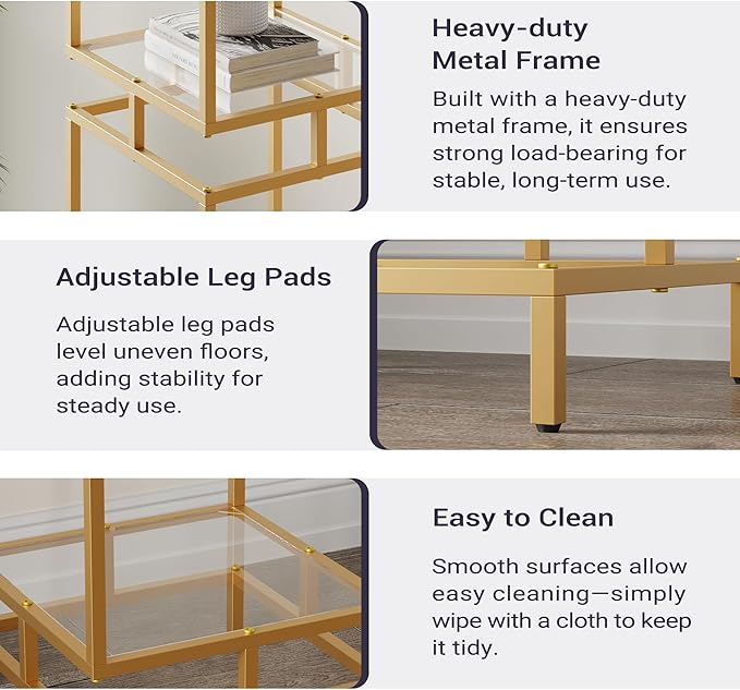 4 Cube Glass Shelf, 4-Tier Bookshelf, Display Shelf Rack, Metal Storage Rack with Tempered Glass, Modern Style for Living Room, Bathroom, Kitchen, Golden