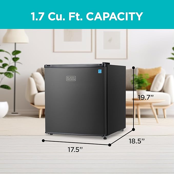 BLACK+DECKER 1.7 Cu. Ft. Compact Refrigerator, ENERGY STAR Certified, Single Door Mini Fridge with Chiller Compartment, Personal Fridge for Home or Dorm Room, R600a Refrigerant, BCRK17B, Black