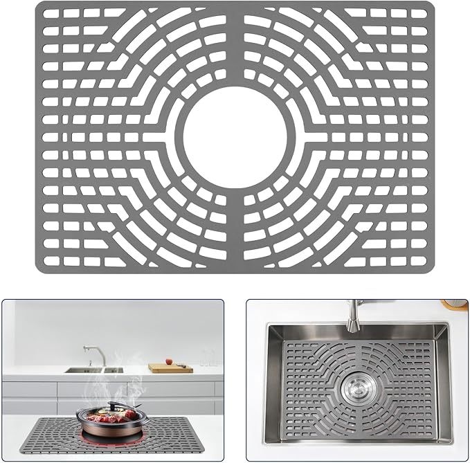 Silicone Sink Protector 19"x13" Center Drain Hole, Heat Resistant Non-slip Dishwasher Suitable, Sink Mat for Bottom of Farmhouse Kitchen Stainless Steel Sinks(Grey)