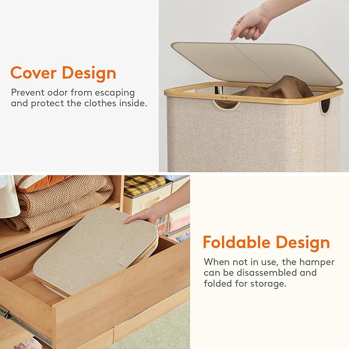 Lifewit 150L Laundry Basket with Lid, Clothes Hampers for Laundry with Bamboo Handles and A Removable Bag, Large Foldable Laundry Hamper for Bedroom, Bathroom, Dorm, Laundry Room, Beige