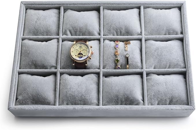 Oirlv Premium Velvet 12 Grid Jewelry Organizer Tray with Removable Pillow Watch Organizer Jewelry Tray Bracelet Bangle Watch Display Holder