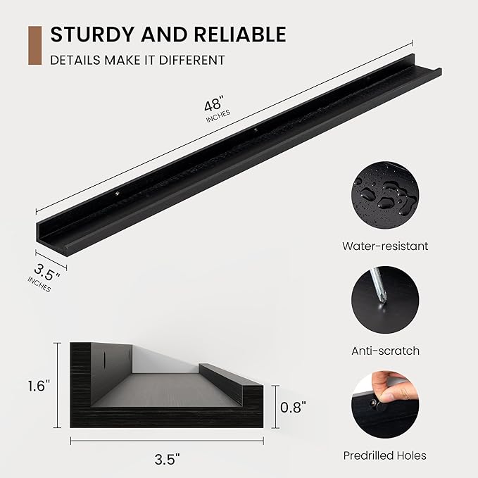 Picture Ledge Shelf, Floating Shelves Set of 2, 48 Inches Solid Wood Nursery Book Shelves for Toys Storage, Kids Bookshelf Wall Mounted for Living Room Bedroom Decor Books Photo Frames, Black