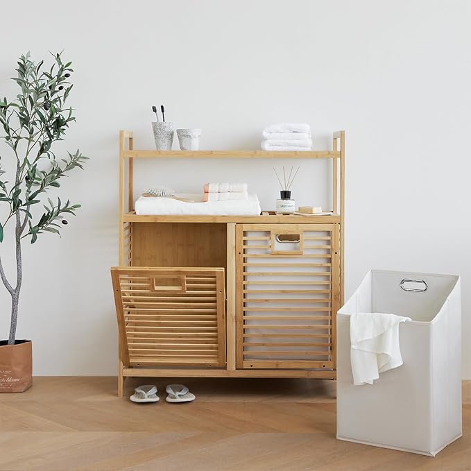 Double Tilt Out Laundry Hamper, Bamboo Hamper with 2 Removable Bags, Pull Out Laundry Hamper Cabinet, Bathroom Storage Shelf for Laundry Room, Living Room, Bedroom (2-Tier, Natural)
