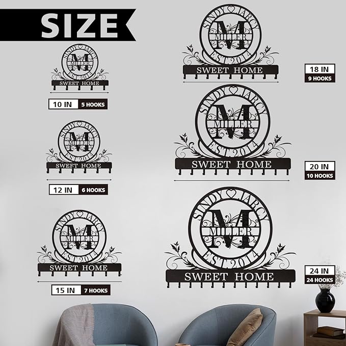 Personalized Key Holder for Wall, Custom Family Name Metal Wall Key Hanger, Key Hooks with Monogram Design, Key Rack Holder Wall Mount for Living Room Bedroom, Anniversary Couple Gift
