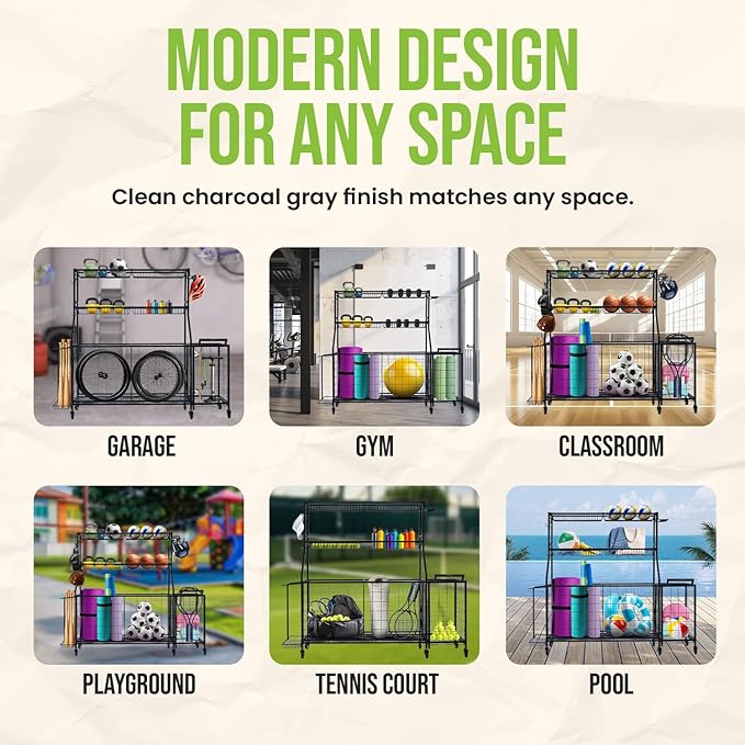 SpaceWise Sports Equipment Organizer – Garage Ball Storage Rack with Hooks, Baskets, Wheels & Detachable Portable Side Cart, Golf Organizer, Gym Equipment & Toy Storage Solution, Charcoal Finish