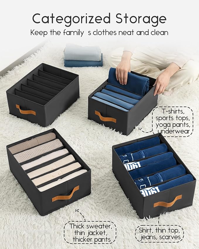 Closet Organizers and Storage - Fabric Clothes Organizer with Handles, Foldable Jeans Organizer for Clothes, Drawer Organizer for Shirts, Bra, Sweater, Scarf, 6 Pack, Black