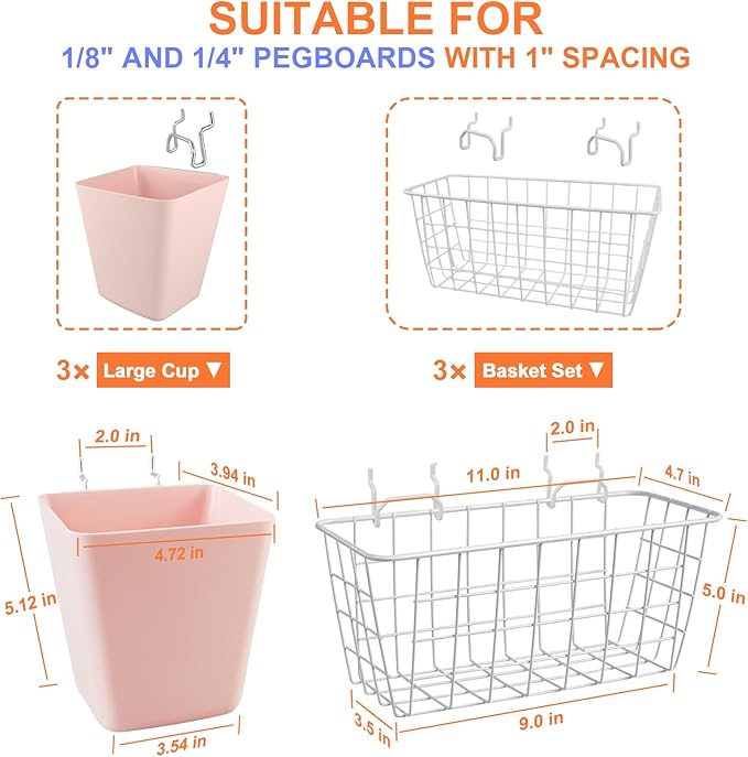 Pegboard Basket Organizers, Peg Board Large Baskets Hooks Bins Cups Tool Organizer 6 Pack Set, Wall Storage Display Hanging Accessories for Craft Office Stadio Shed Garage Organization (White & Pink)