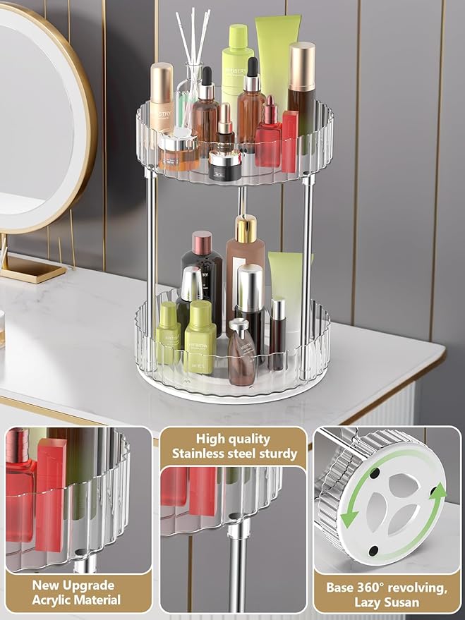 Makeup Organizer,360° Rotating Makeup Organizer, 2-Tier Round Rotating Skincare Organizer Countertop,Fits Bedroom, Bathroom, Vanity Shelf Countertop(Clear)