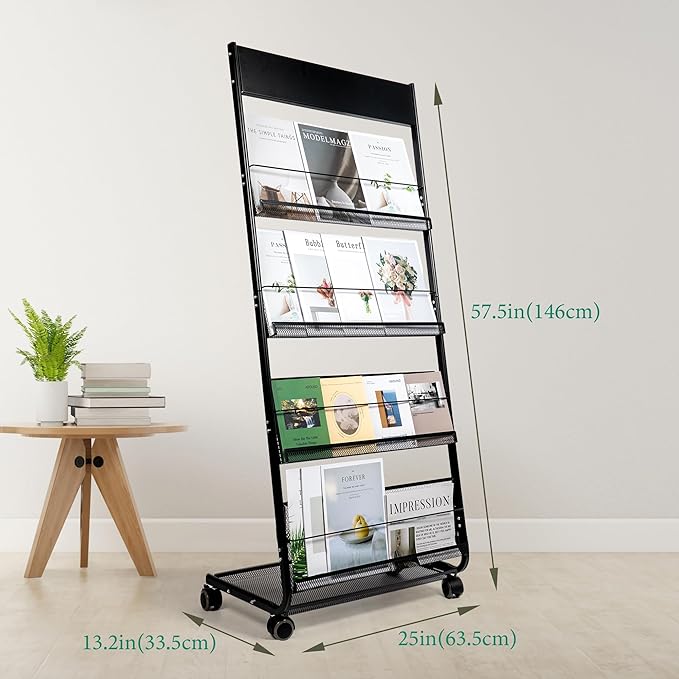 Floor Magazine Rack Brochure Display Stand 4-Layer With Wheels And Top Billboard, Newspaper Magazine Holder High-Hardness For Office Exhibitions, Black (57.5''*25''*13.2'')