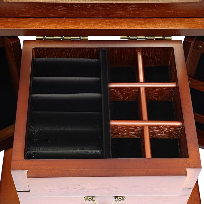 4-Drawer Wooden Jewelry Box, Wood Jewelry Organizer with 2 Side Doors and Mirror, Vintage Brown Finish Storage Case for Women Girls Gift Ready Watch Necklace Ring Earring