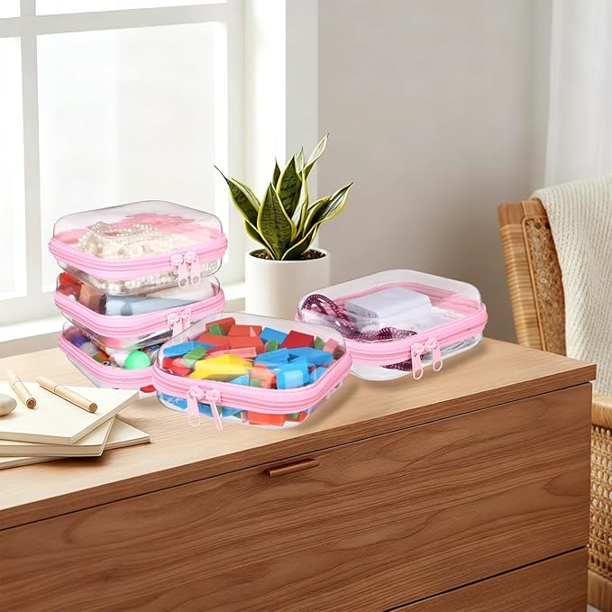 Sanwuta 6 Pcs Clear Hard Zipper Case Hard Plastic Zipper Pouches Transparent Makeup Bag Pencil Pouches for Travel Snacks Christmas Trinket Storage Organizer Box(Pink,5 x 5 x 2 Inch)