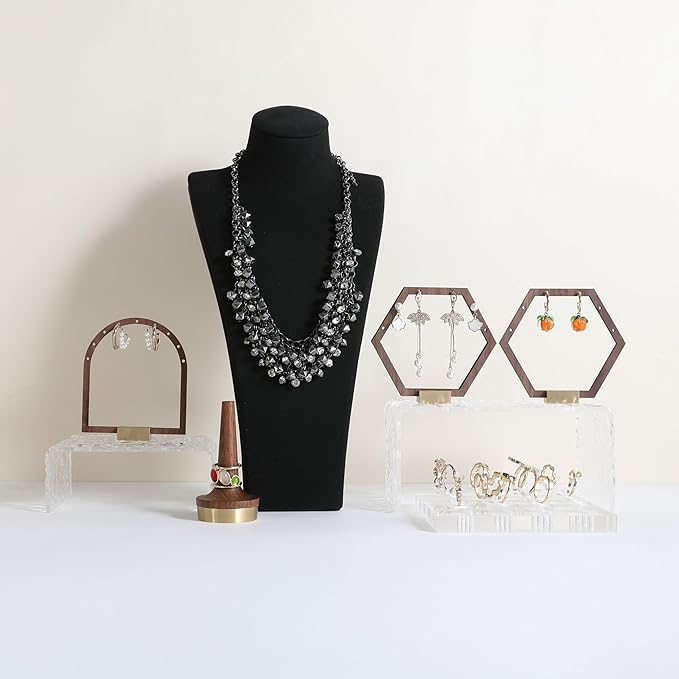 GemeShou 3pcs Wooden stud earring organizer holder, walnut earring hangers with brass base, Small Cute earring display for selling with 9 holes for each【Hexagon frame-3pcs】
