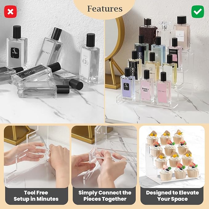 4-Tier Acrylic Display Riser Stand – 22.8x20x18.2cm Clear Perfume Stand for Display on Vanity, Countertops, & Retail Use – Tiered Acrylic Shelf for Figures, Cupcakes, Bottles, & Desserts