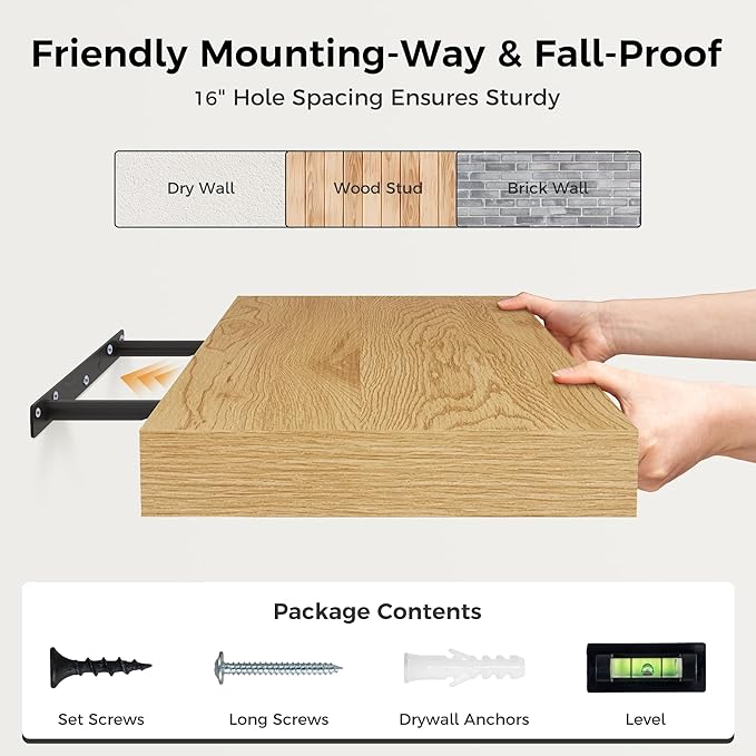 Floating Shelves 48 Inch Long, 12 Inch Deep Floating Shelves for Wall, 48 x 12 Large Wall Shelves for Home Storage & Display, 2" Thicked Floating Shelf for Bedroom, Living Room, Oak Color, 1 Pack